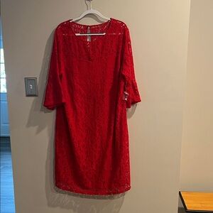 Jessica London Red Lace Shift Dress 24W – Elegant Knee-Length 3/4 Sleeve